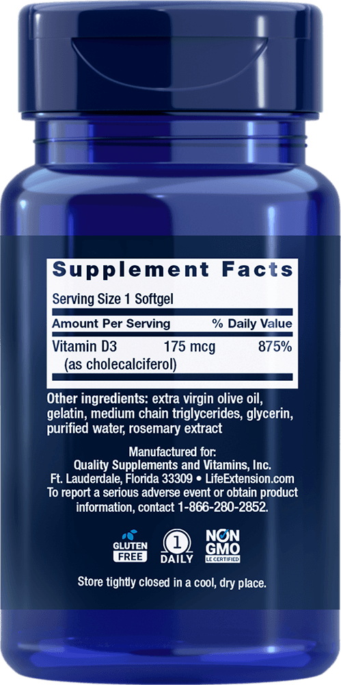 Vitamina D3 Life Extension 7,000 UI, frasco de 60 cápsulas: información posterior