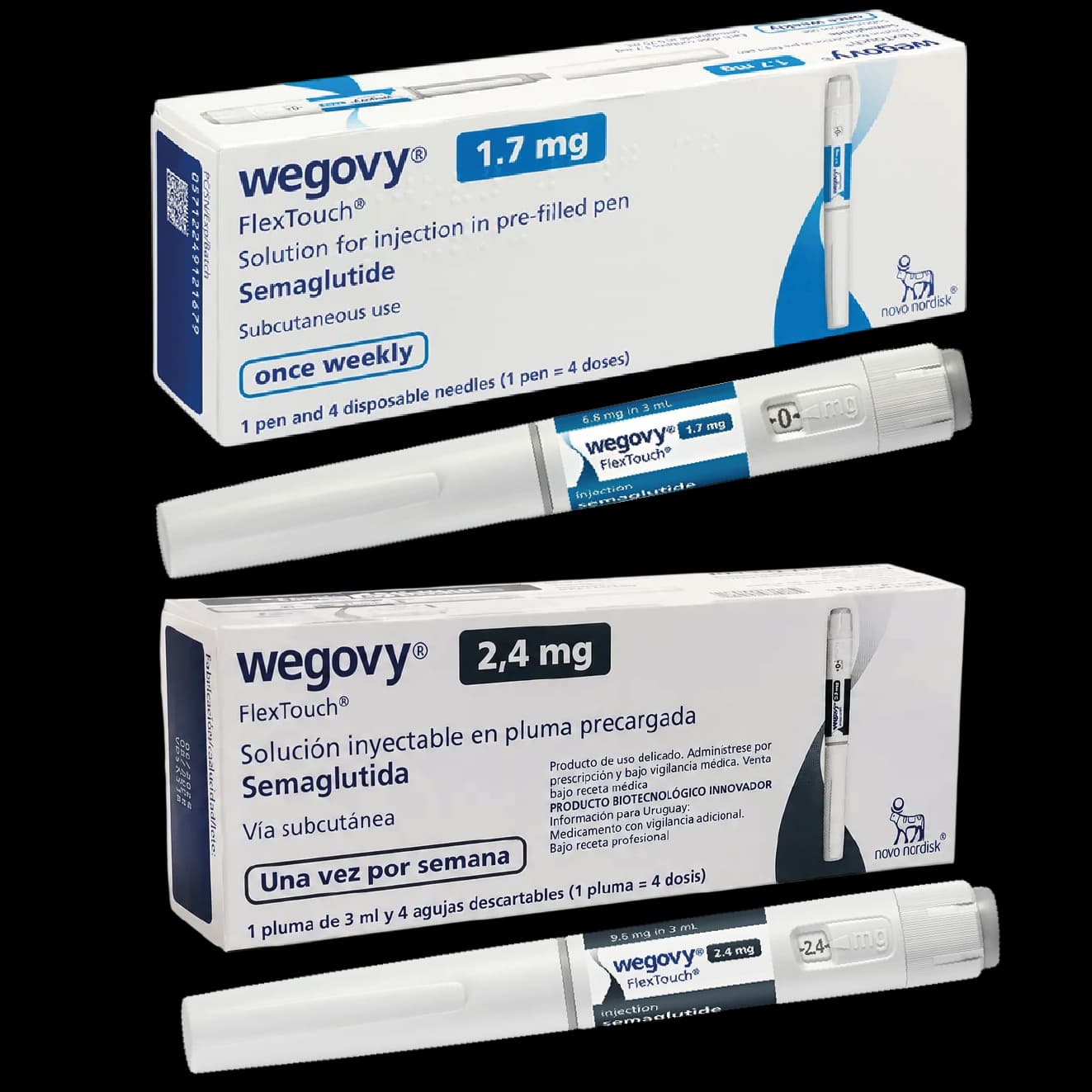Wegovy Clásico: una pluma de 1,7 mg y una pluma de 2,4 mg, con sus respectivas cajas