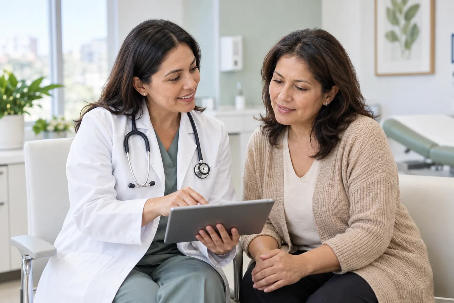 Doctora conversando con una paciente durante una consulta de evaluación